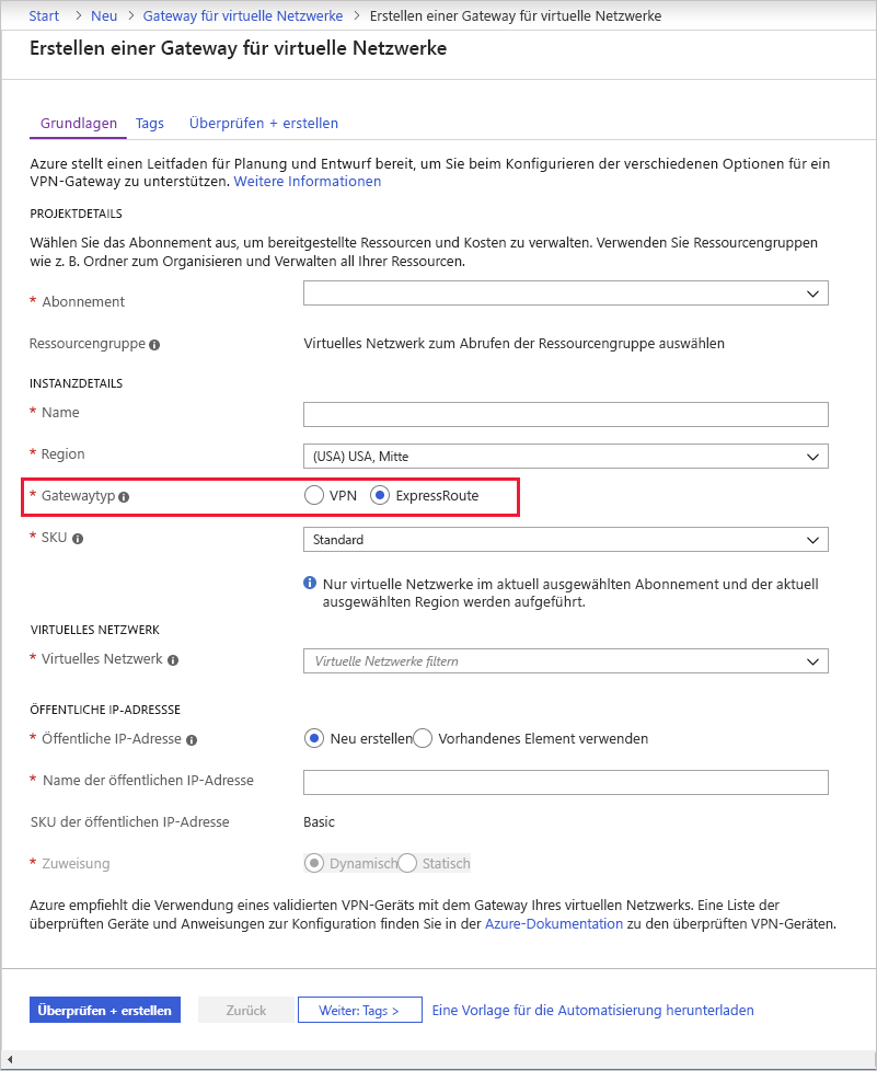 Screenshot of creating a virtual network gateway with the gateway type set to ExpressRoute.