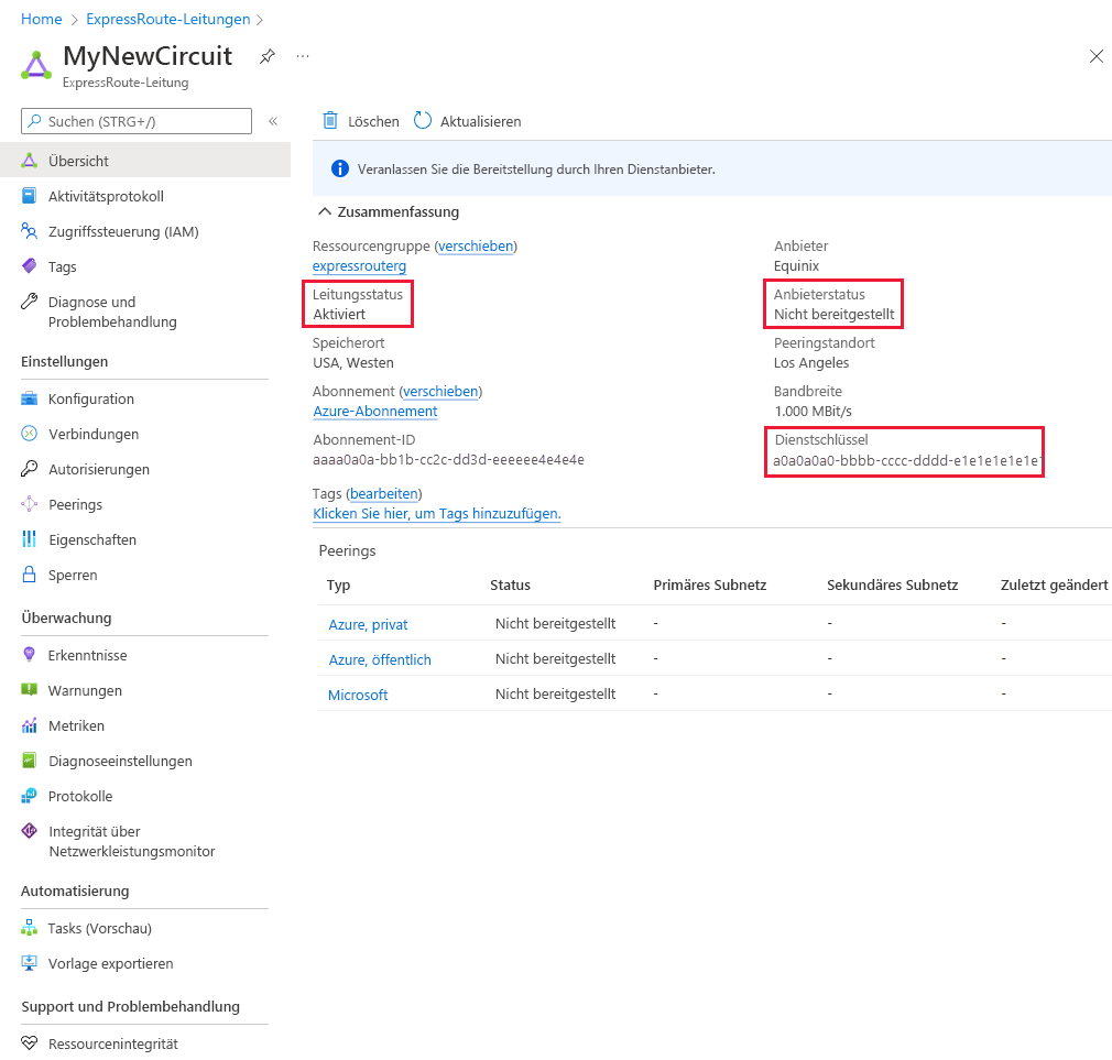 Screenshot of provisioning a circuit by using the Azure portal.