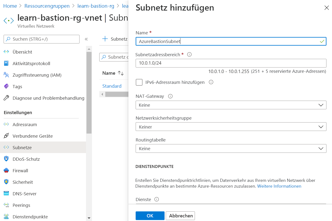 Screenshot der Seite „Subnetz hinzufügen“, auf der der Subnetzname AzureBastionSubnet lautet.