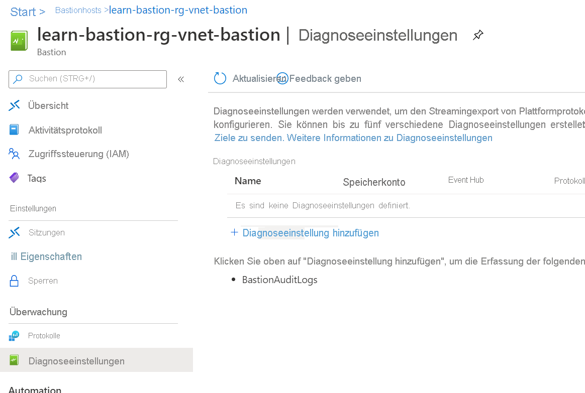 Screenshot, der den Link „Diagnoseeinstellungen hinzufügen“ auf der Seite „Diagnoseeinstellungen“ zeigt.