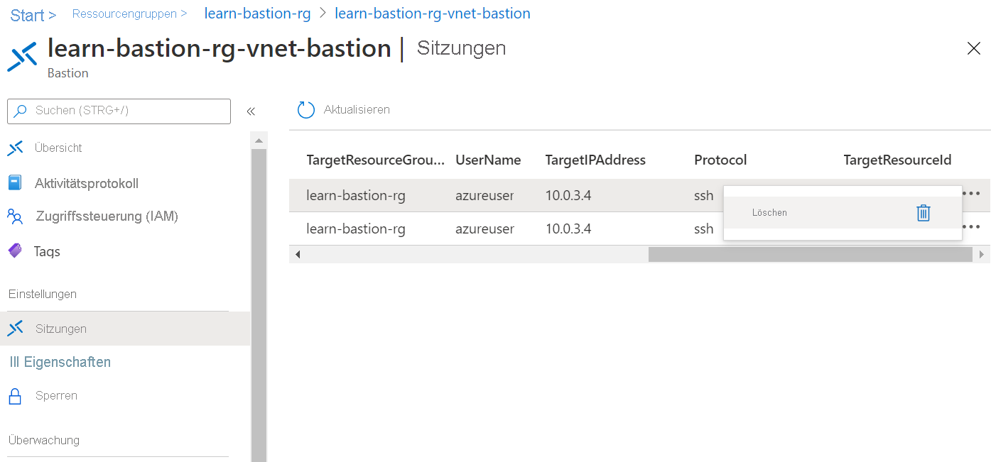 Screenshot der Seite „Azure Bastion-Sitzungen“ mit der für eine der beiden Sitzungen ausgewählten Option „Löschen“.