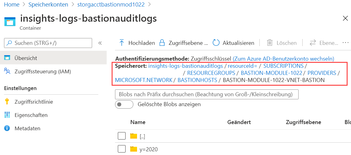 Screenshot der Protokolle mit Erkenntnissen zu Azure Bastion, der zeigt, dass die Ordnerspeicherebene sich bei der Azure Bastion-Hostressource befindet.
