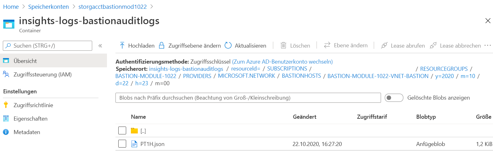 Screenshot der Protokolle mit Erkenntnissen zu Azure Bastion, der die JSON-Datei für einen bestimmten Zeitraum zeigt.