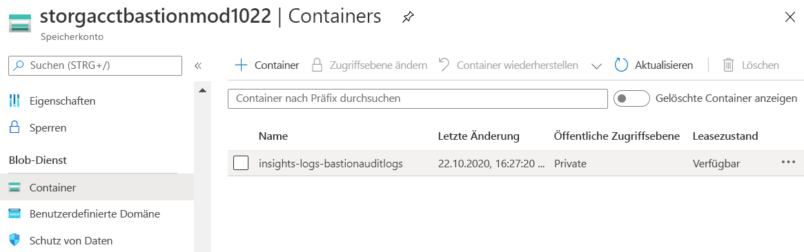 Screenshot eines Speicherkontos mit einem Container mit dem Namen insights-logs-bastionauditlogs.