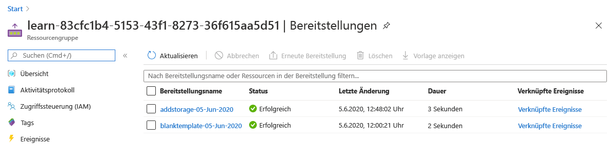 Screenshot of the Azure portal interface for the deployments with the two deployments listed and succeeded statuses.