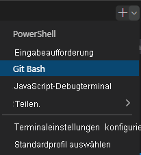 Screenshot of the Visual Studio Code terminal window showing the select shell drop-down.