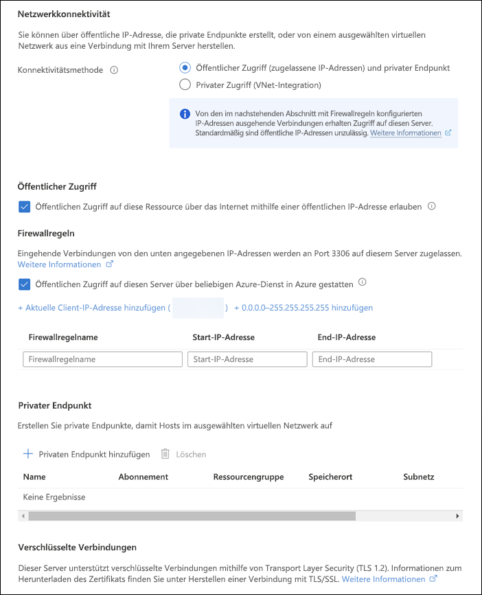 Screenshot: Registerkarte „Netzwerkkonnektivität“ mit Anzeige der Optionen für Konnektivitätsmethode, Firewallregeln und mehr