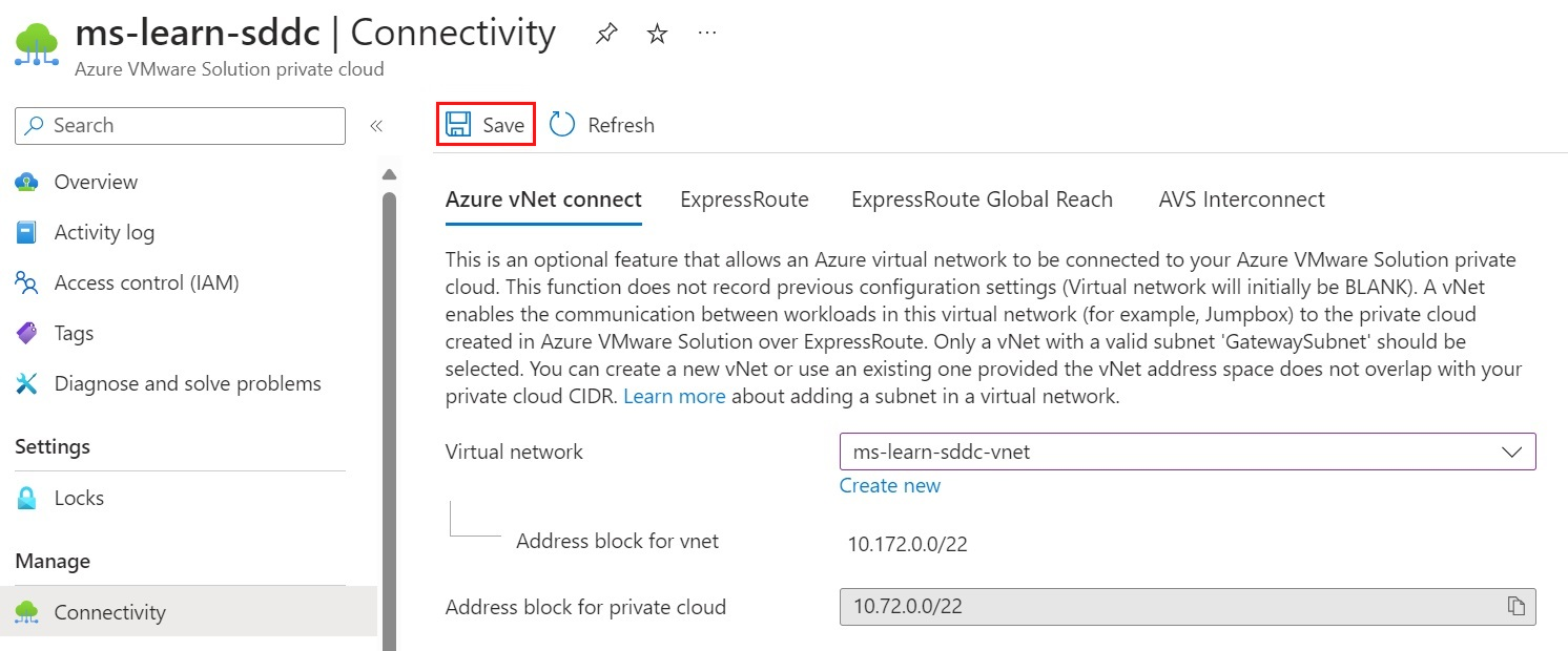 Screenshot: Auswählen des virtuellen Netzwerks in Azure vNet Connect und Speichern der Konfiguration.