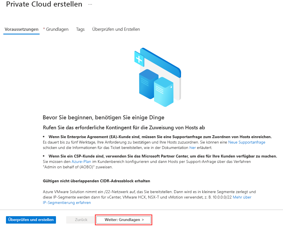 Screenshot: Bereich mit den Voraussetzungen vor dem Erstellen der Azure VMware Solution-Umgebung als Private Cloud in Azure.