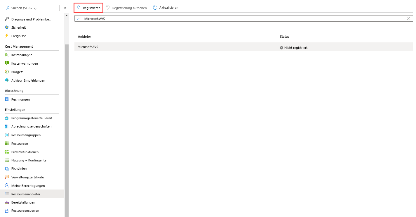 Screenshot der Schaltfläche „Registrieren“ am oberen Rand der Seite „Abonnement“ > „Ressourcenanbieter“ im Azure-Portal