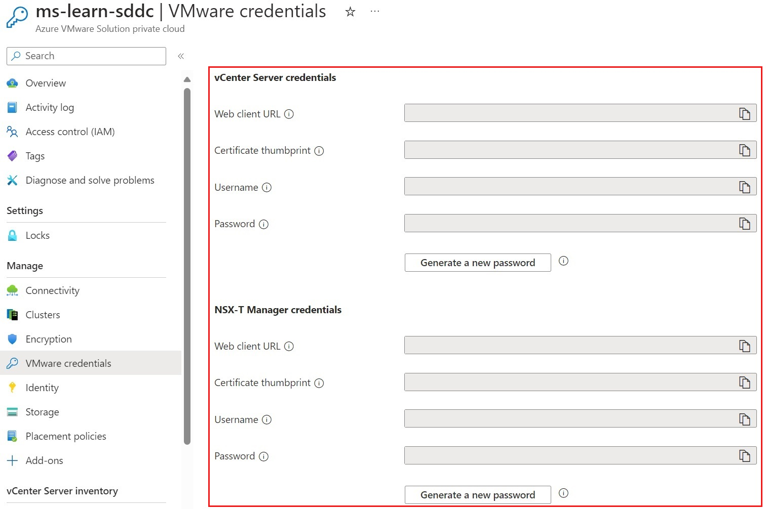 Screenshot: Seite im Azure-Portal mit den angezeigten Anmeldeinformationen nach der Bereitstellung von Azure VMware Solution