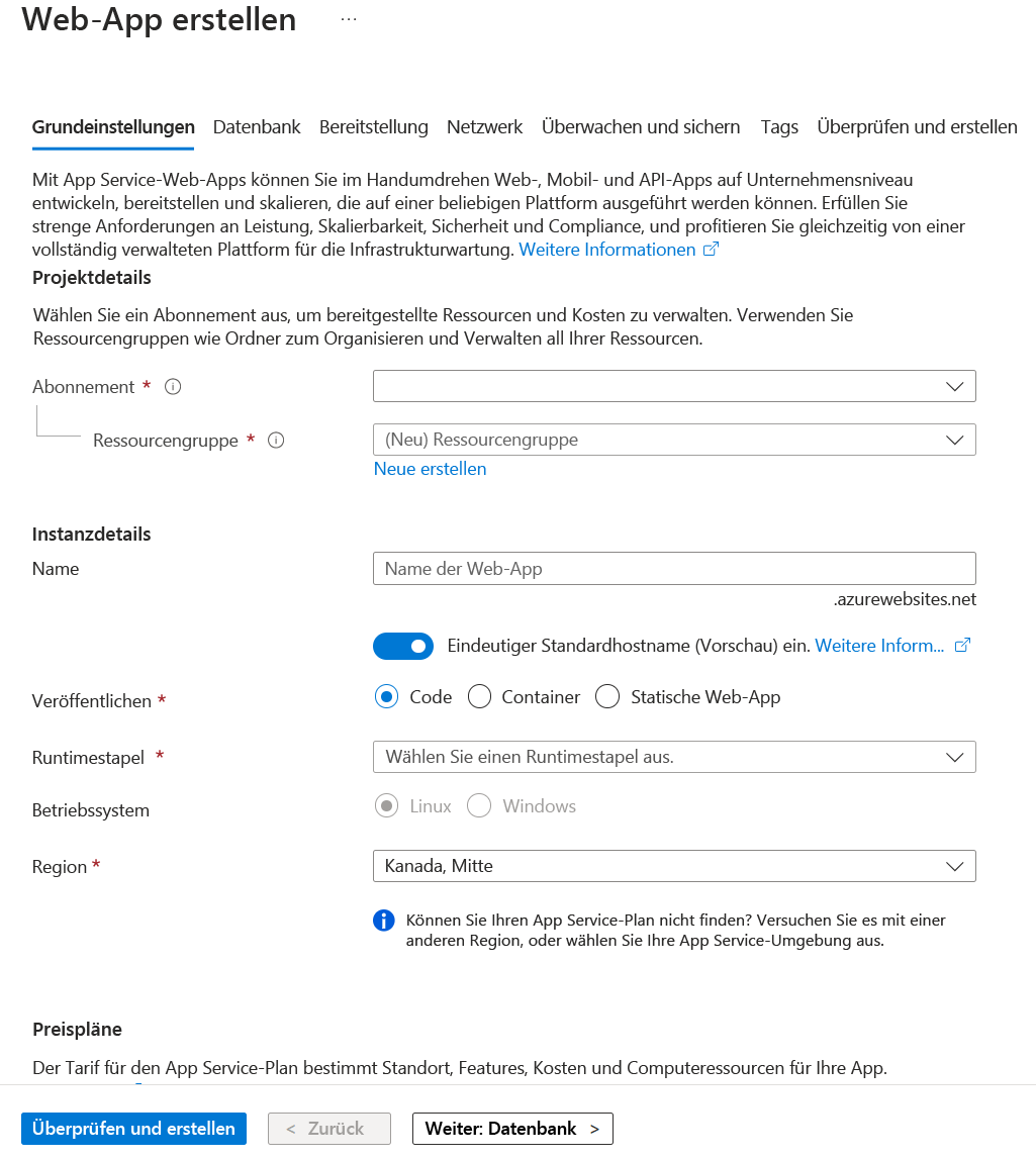 Screenshot: Azure Marketplace mit „Web-App“ ausgewählt