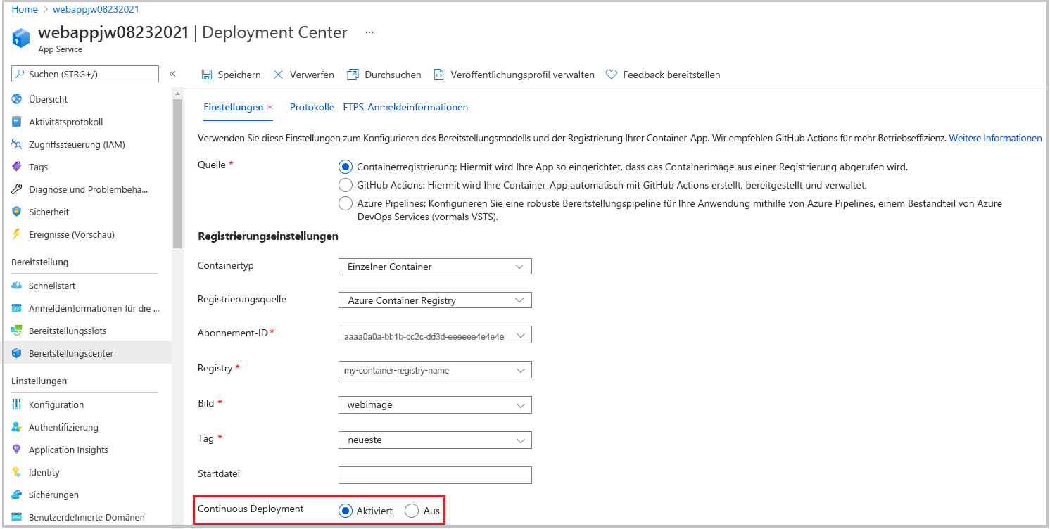 Screenshot der Containereinstellungen der Web-App mit aktiviertem Continuous Deployment