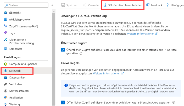 Screenshot: Blatt „Azure-Netzwerk“ für Azure Database for MySQL im Azure-Portal