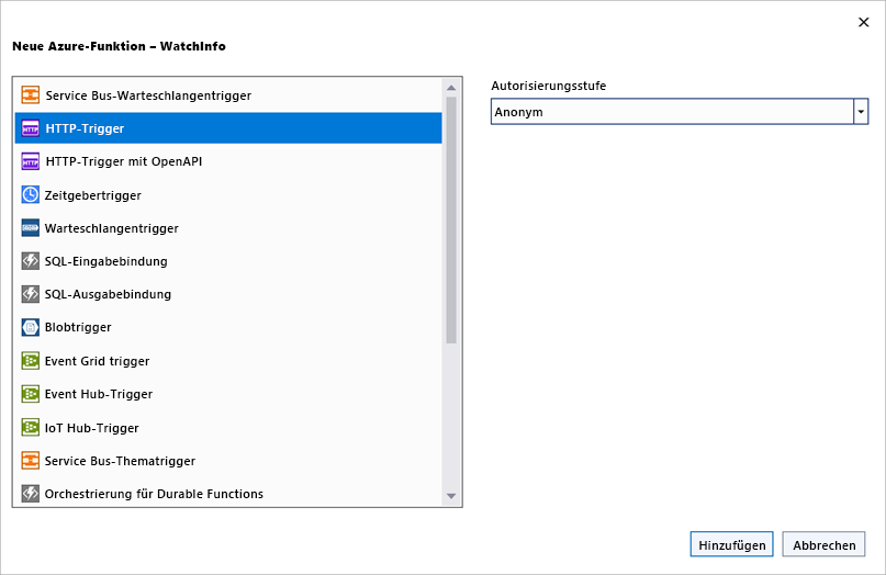 Screenshot: Fenster „Neue Azure-Funktion“. Der HTTP-Trigger mit anonymen Zugriffsrechten wird ausgewählt.