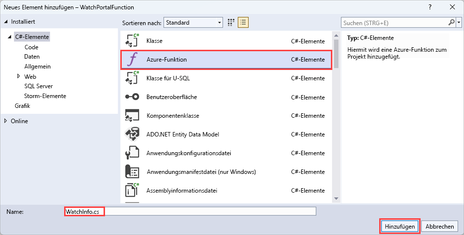 Screenshot: Fenster „Neues Element hinzufügen“ Die Azure-Funktionsvorlage wird ausgewählt, und die neue Funktion erhält den Namen „WatchInfo.cs“.