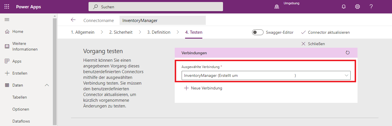 Registerkarte „Testen“ für benutzerdefinierten Konnektor