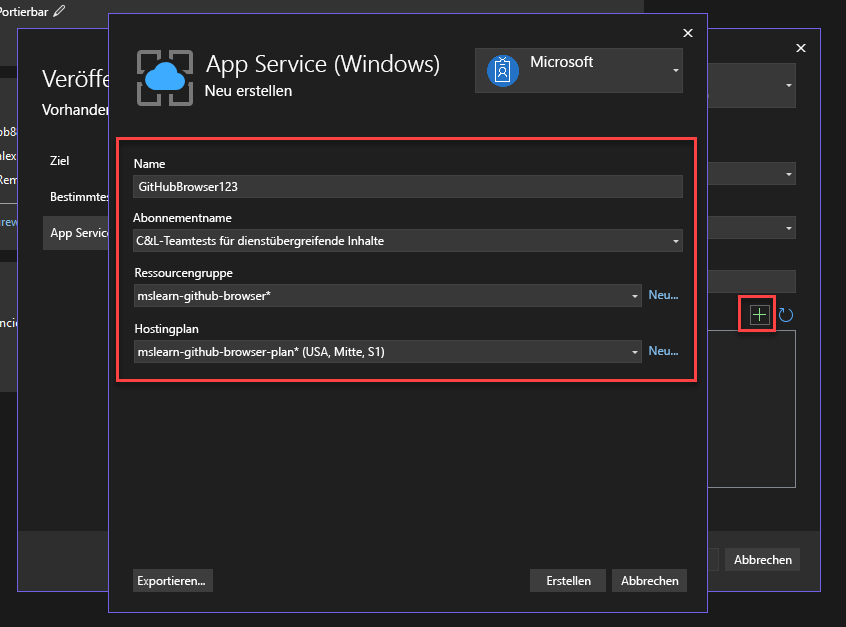 Screenshot: Workflow zum Erstellen einer App Service-Instanz