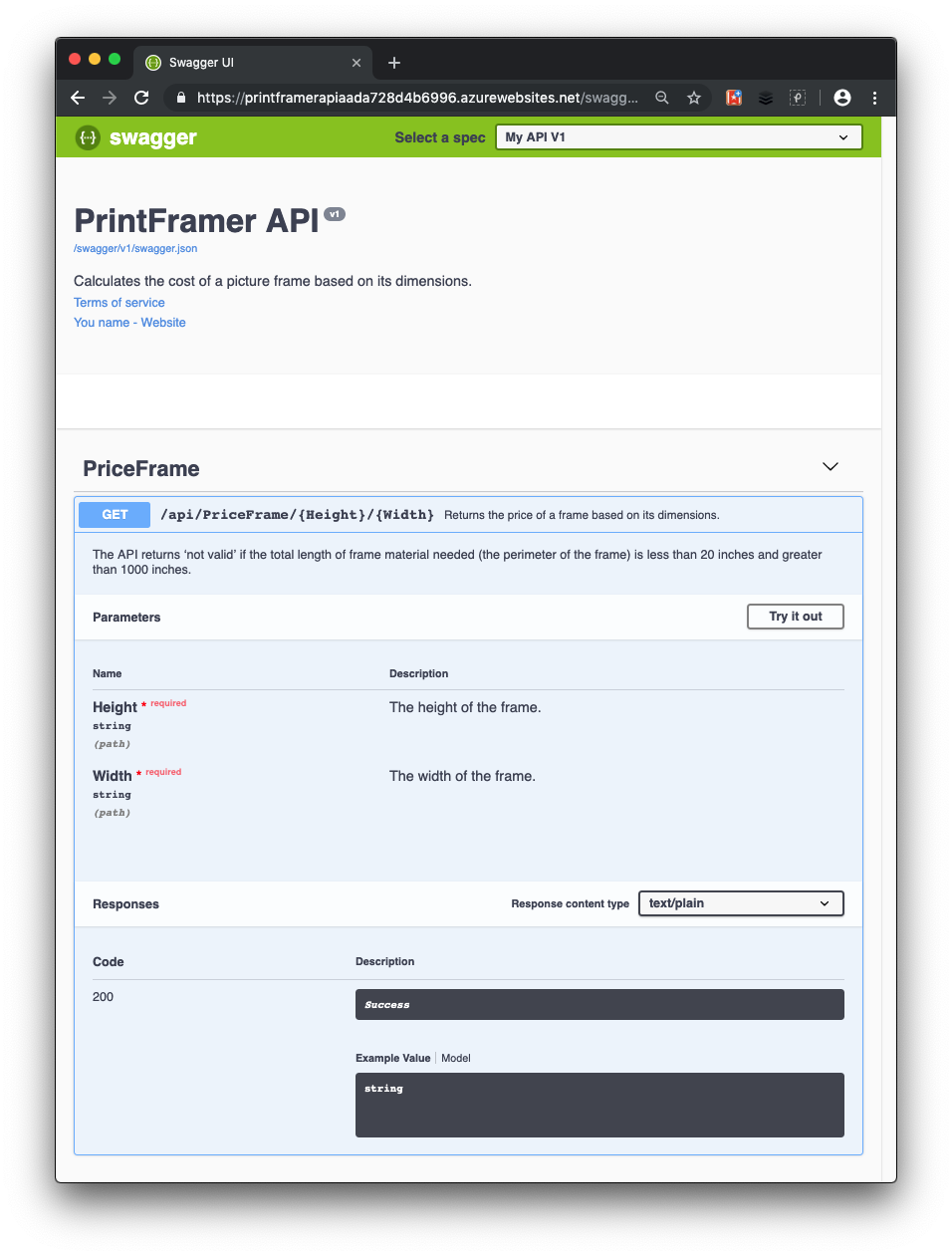 Swagger UI mit der finalen Dokumentation aus XML-Kommentaren für unsere API