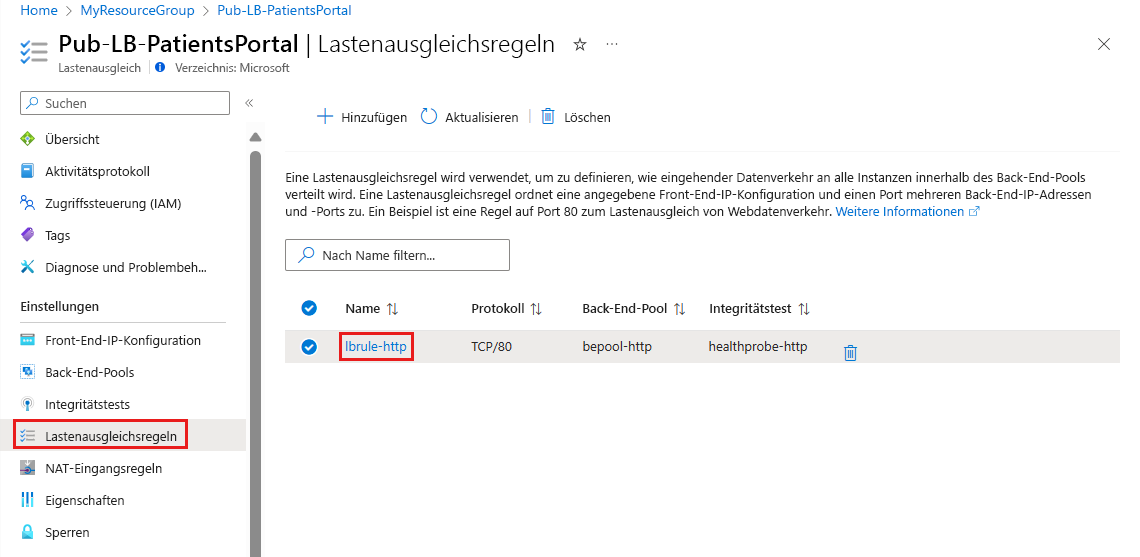 Screenshot, der zeigt, wie eine Lastenausgleichsregel im Azure-Portal ausgewählt wird.