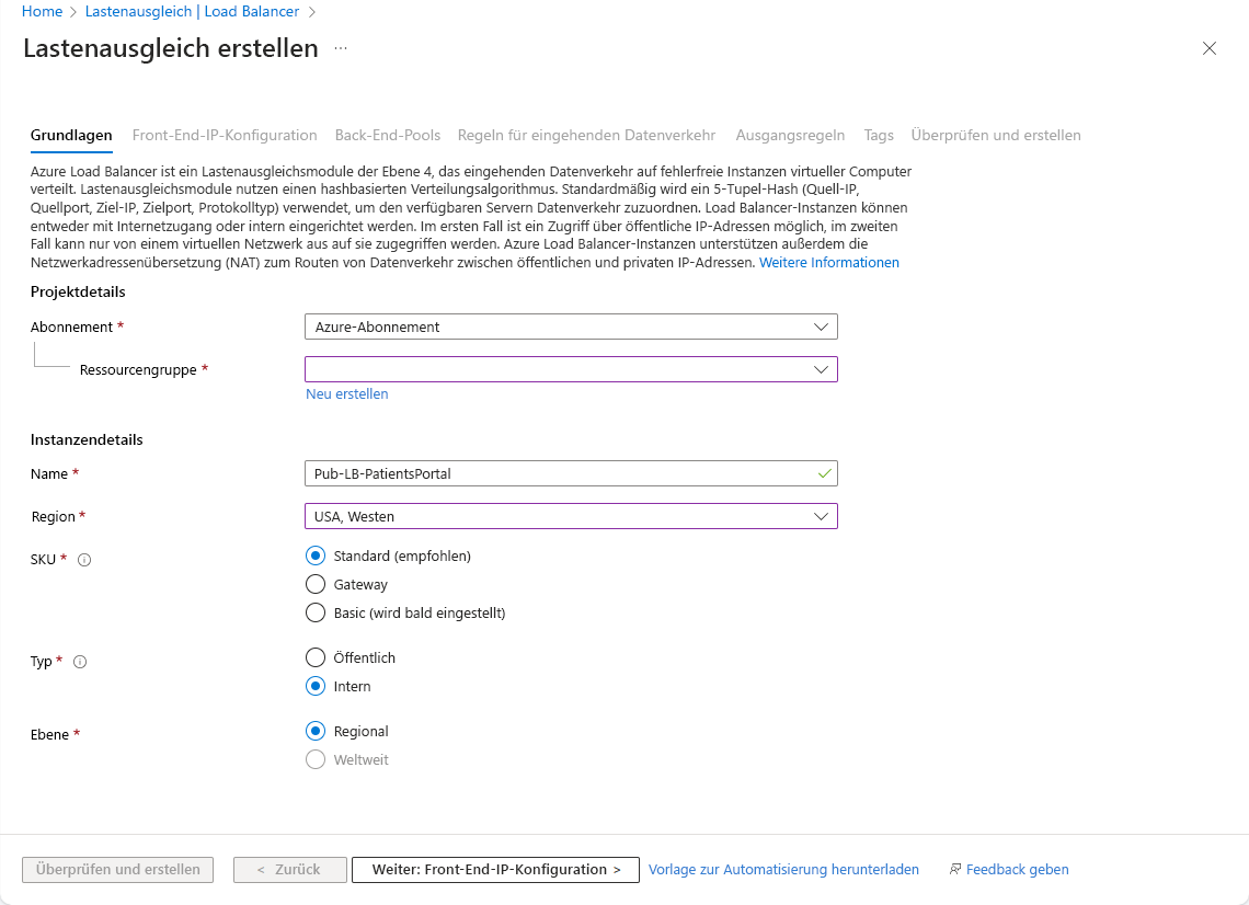 Screenshot: Registerkarte „Grundlagen“ des Bildschirms „Lastenausgleich erstellen“ im Azure-Portal