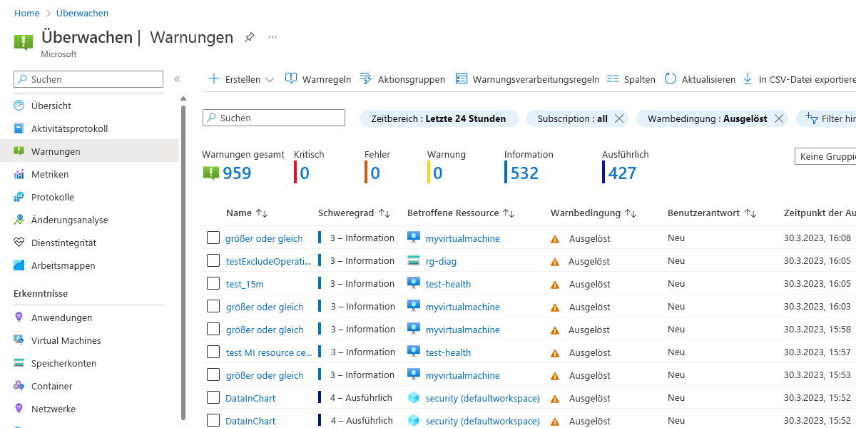 Screenshot der Warnungsseite im Azure Monitor-Portal