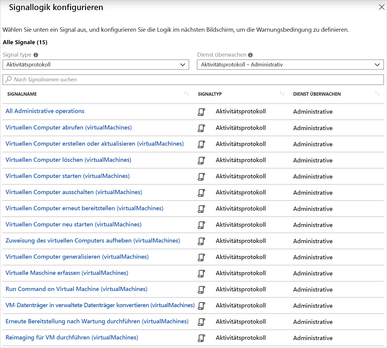 Screenshot: Signallogik für Aktivitätsprotokollwarnungen für virtuelle Computer.