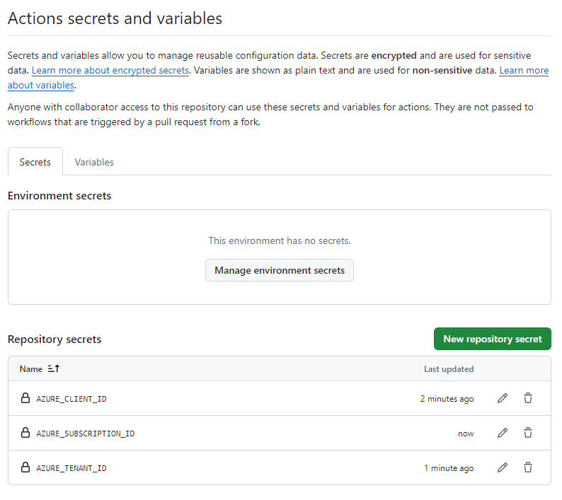 Screenshot: GitHub-Benutzeroberfläche mit der Liste der Geheimnisse