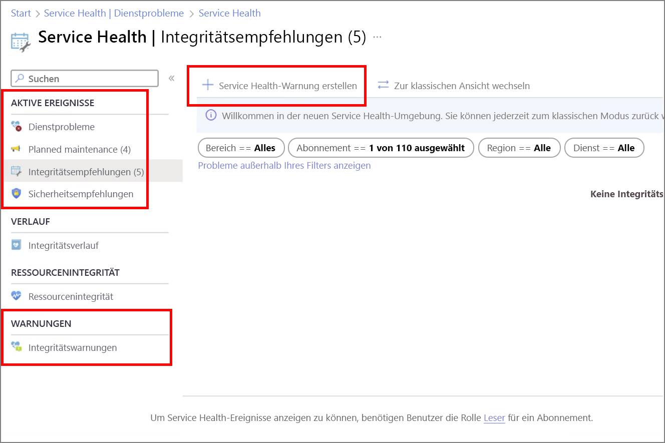 Screenshot: Azure Service Health-Empfehlungen