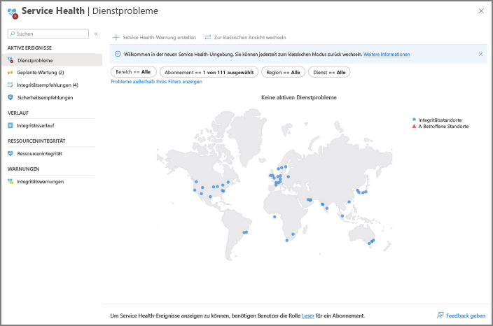 Screenshot: Wechsel zur klassischen Ansicht in Azure Serice Health