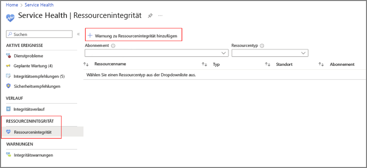 Screenshot: Azure Service Health-Ressourcenintegrität