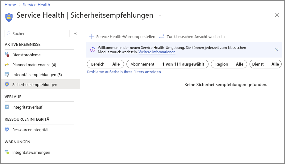 Screenshot: Sicherheitsempfehlungen für Azure Service Health