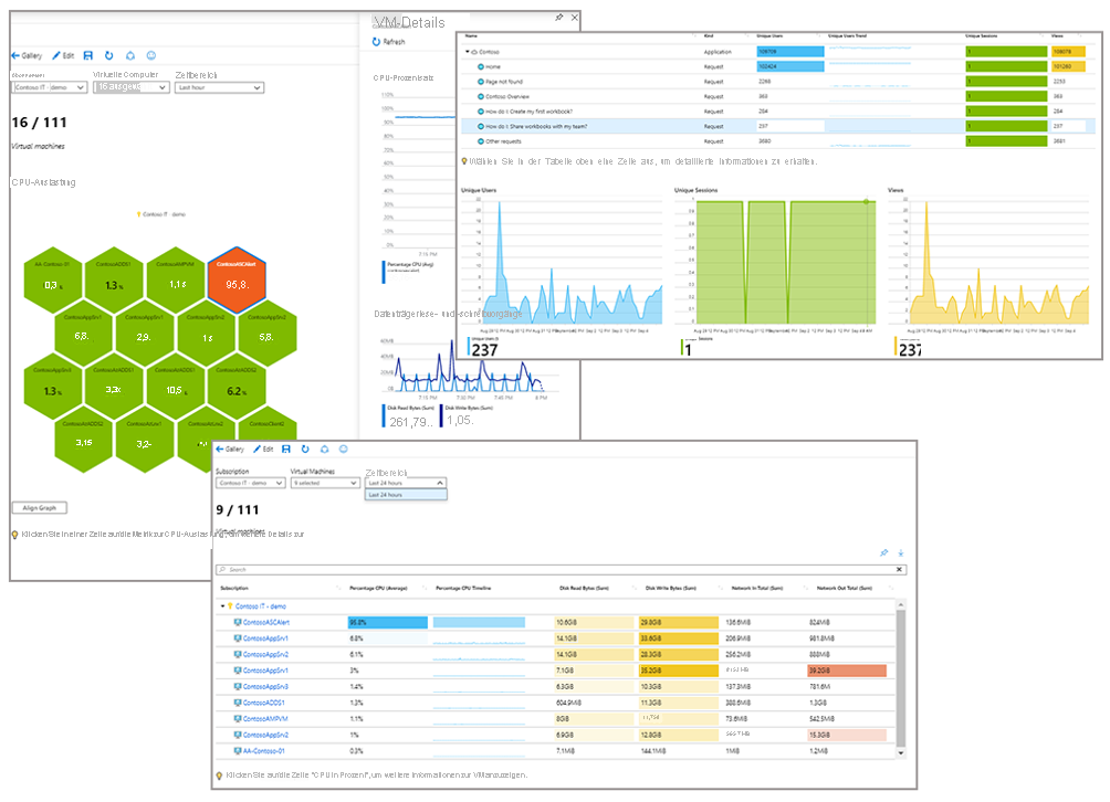 Screenshots von drei Arbeitsmappen mit protokollierten Daten in verschiedenen Diagramm- und Tabellenformaten.