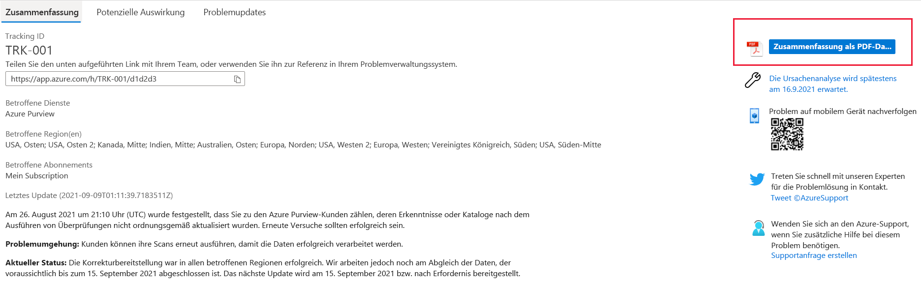 Screenshot with a summary of a Log Analytics issue showing details such as Tracking ID, Impacted regions, Impacted subscription, Last updates, Preliminary Root Cause, and a link to Download the summary as PDF.