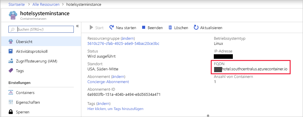 Screenshot des Bereichs „Neu“ im Azure-Portal mit den Containereigenschaften und hervorgehobenem FQDN.