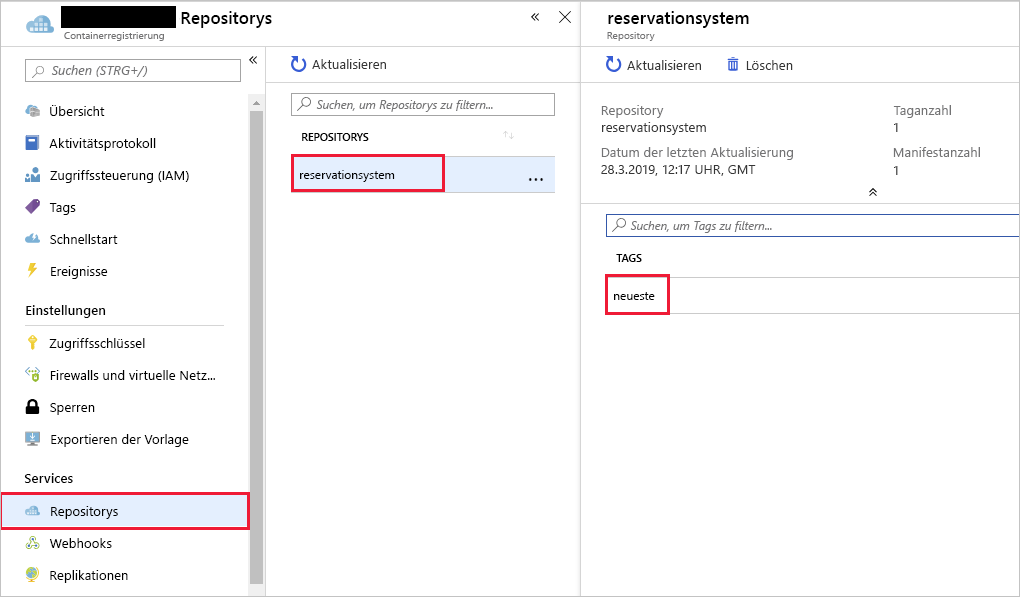 Screenshot des Repositorys und des markierten Images für den Reservierungssystemcontainer in der Registrierung