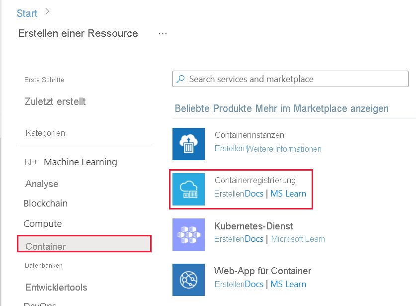 Screenshot: Die Option „Ressource erstellen“ mit Container Registry