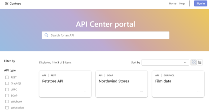 Screenshot des webbasierten API Center-Portals