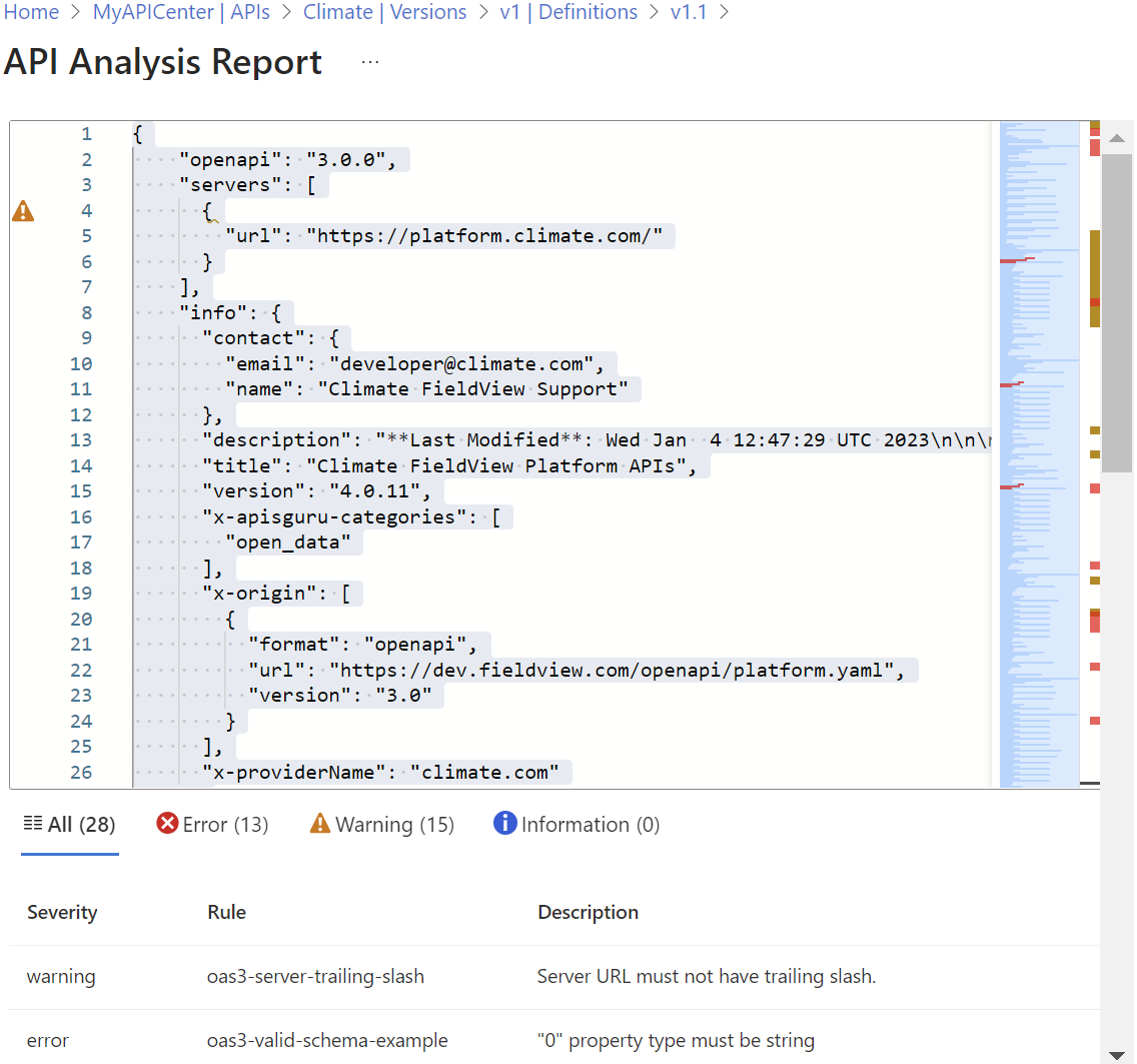 Screenshot: API-Analysecompliancebericht im Azure-Portal