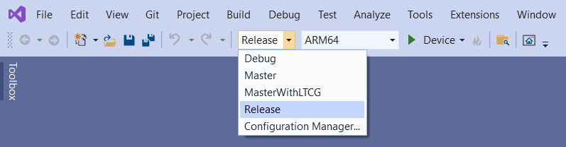 Screenshot: Das Visual Studio-Fenster mit den Buildoptionen für das Projekt