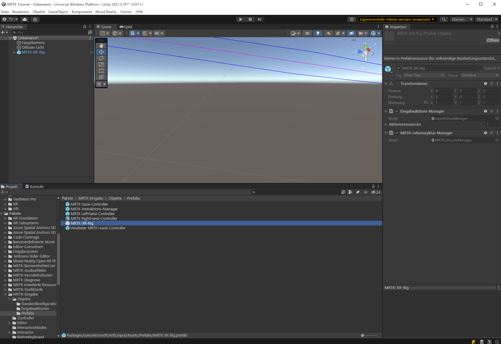 Screenshot: Hinzufügen von „MRTK XR Rig“ im Inspector.