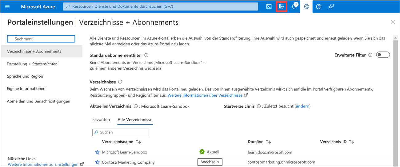 Screenshot des Dialogfelds zur Auswahl des Verzeichnisses im Azure-Portal