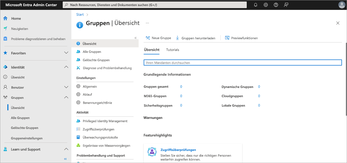 Screenshot des Bereichs „Gruppenübersicht” im Microsoft Entra Admin Center.