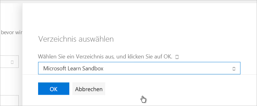 Screenshot der Anzeige, in der Sie ein Verzeichnis auswählen, mit der ausgewählten Option „Microsoft Learn Sandbox“ (Microsoft Learn-Sandbox)