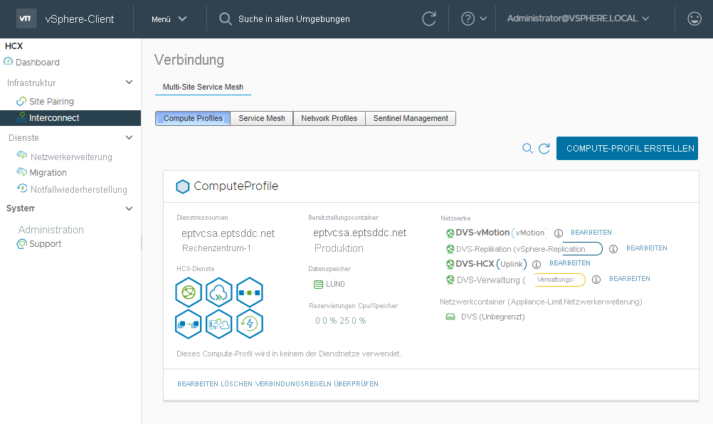 Screenshot showing the compute profile completely configured in the on-premises HCX Connector.