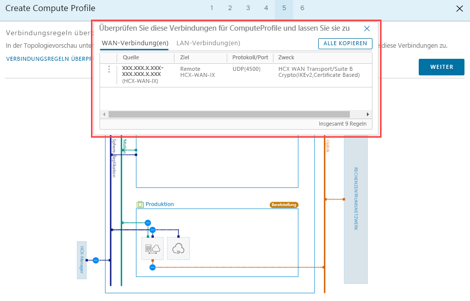 Screenshot that shows the connection rules and the Continue button in the on-premises HCX Connector.