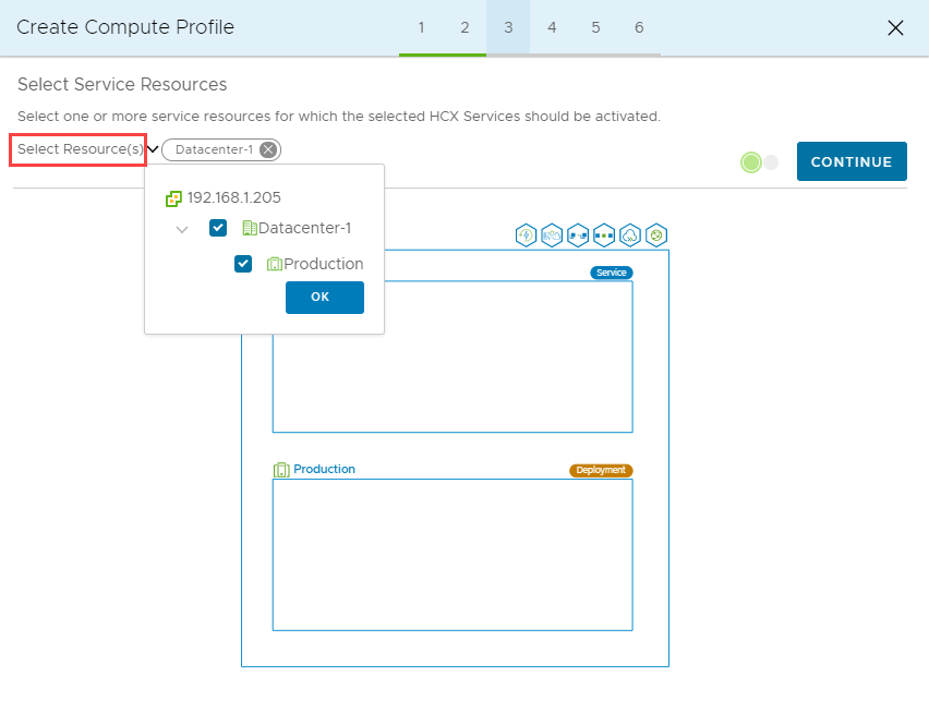 Screenshot that shows selected service resources and the Continue button in HCX Connector on-premises.