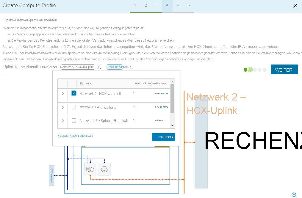 Screenshot that shows the selection of an uplink network profile and the Continue button in the on-premises HCX Connector.