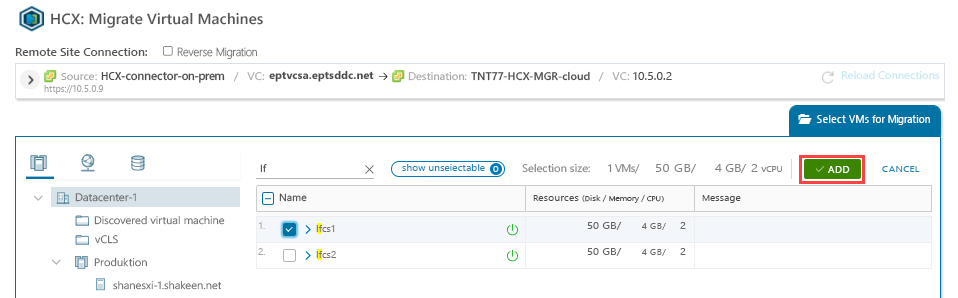 Screenshot of how to select the VMs for migration.