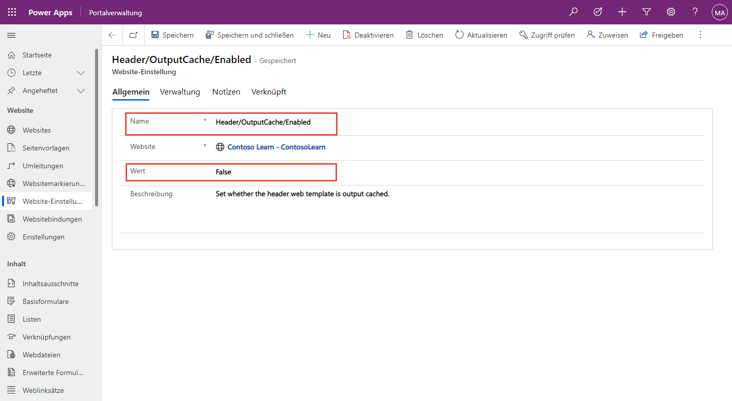 Screenshot von „Header-Ausgabe-Cache deaktivieren“ mithilfe des Website-Einstellungsdatensatzes